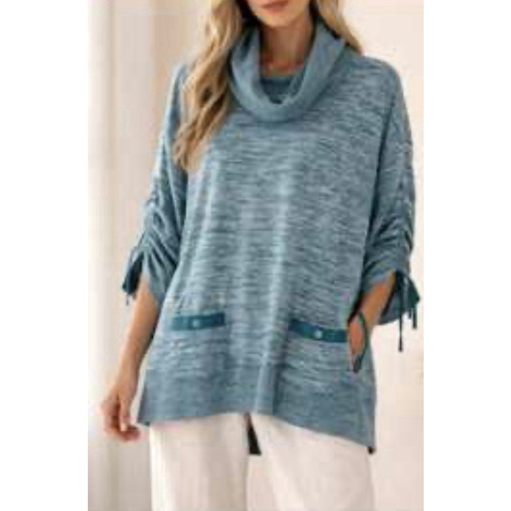 Ali Miles Heathered Tunic Top Plus 3X Women Blue Ruched Cowl Neck Boho Beach